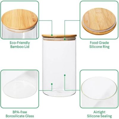 1CHASE Borosilicate Glass Jars with Bamboo Lids, Glass Food Storage Jars with Wood Lids for Pantry-5 PCS Set (1200 ML / 750 ML / 500 ML)
