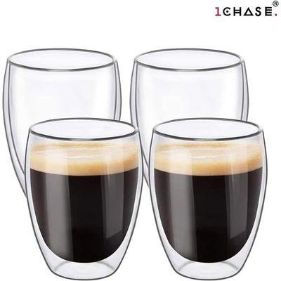 1CHASE Double Wall Insulated Coffee Tea Cups 350ml (12oz) Set of 6, Clear Coffee Mugs - Espresso, Cappuccino, Tea, latte Cups - Cold/Hot Beverage
