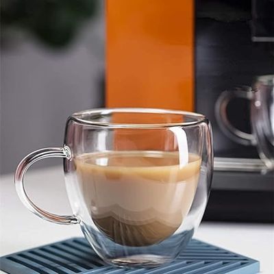 1CHASE Double Wall Insulated Glass Cup with Handle 250 ML (Set of 6) for Espresso Coffee Milk Tea
