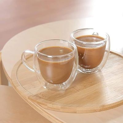 1CHASE Double Wall Insulated Glass Cup with Handle 250 ML (Set of 6) for Espresso Coffee Milk Tea
