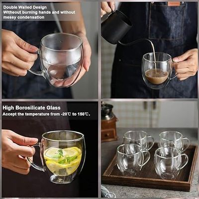 1CHASE Double Wall Insulated Glass Cup with Handle 250 ML (Set of 4) for Espresso Coffee Milk Tea…
