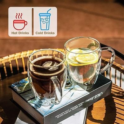1CHASE Double Wall Insulated Glass Cup with Handle 350 ML (Set of 6) for Espresso Coffee Milk Tea
