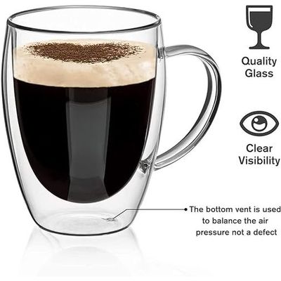 1CHASE Double Wall Insulated Glass Cup with Handle 350 ML (Set of 6) for Espresso Coffee Milk Tea
