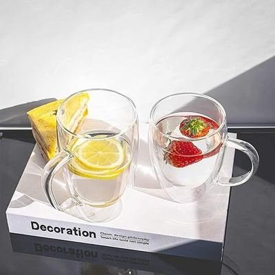 1CHASE Double Wall Insulated Glass Cup with Handle 350 ML (Set of 4) for Espresso Coffee Milk Tea
