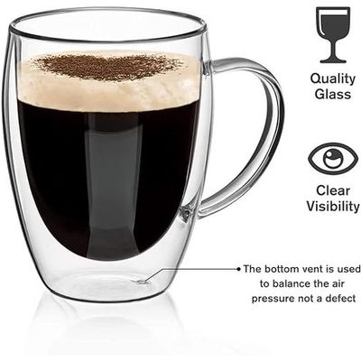 1CHASE Double Wall Insulated Glass Cup with Handle 350 ML (Set of 4) for Espresso Coffee Milk Tea
