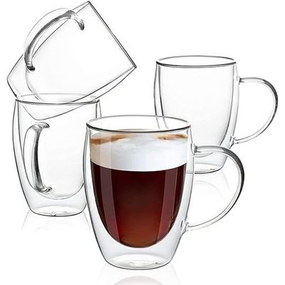 1CHASE Double Wall Insulated Glass Cup with Handle 350 ML (Set of 4) for Espresso Coffee Milk Tea
