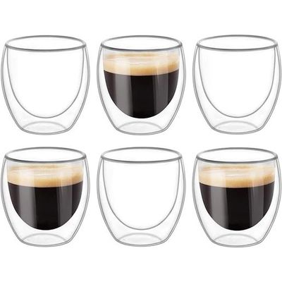 1CHASE Double Wall Insulated Coffee Tea Cups 250 ML (Set of 6), Clear Coffee Mugs - Espresso, Cappuccino, Tea, latte Cups - Cold/Hot Beverage
