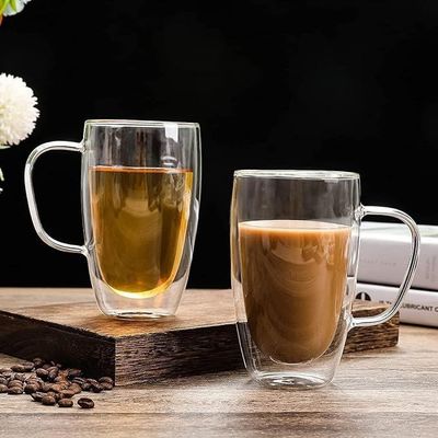 1CHASE Double Wall Insulated Coffee Tea Cups 450 ML (Set of 4), Clear Coffee Mugs - Espresso, Cappuccino, Tea, latte Cups - Cold/Hot Beverage
