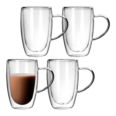 1CHASE Double Wall Insulated Coffee Tea Cups 450 ML (Set of 4), Clear Coffee Mugs - Espresso, Cappuccino, Tea, latte Cups - Cold/Hot Beverage
