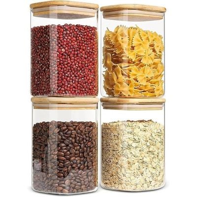 1CHASE Square Glass Storage Jar with Air tight Bamboo Lid 1100 ML (37 OZ) Set of 4, Borosilicate Kitchen Food Storage Container Set for Candy Cookie Rice Sugar Flour Pasta Nuts
