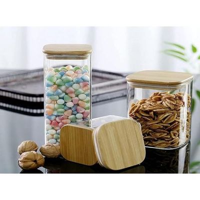 1CHASE Square Glass Storage Jar with Air tight Bamboo Lid 1100 ML (37 OZ) Set of 4, Borosilicate Kitchen Food Storage Container Set for Candy Cookie Rice Sugar Flour Pasta Nuts
