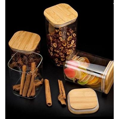 1CHASE Square Glass Storage Jar with Air tight Bamboo Lid 1100 ML (37 OZ) Set of 4, Borosilicate Kitchen Food Storage Container Set for Candy Cookie Rice Sugar Flour Pasta Nuts
