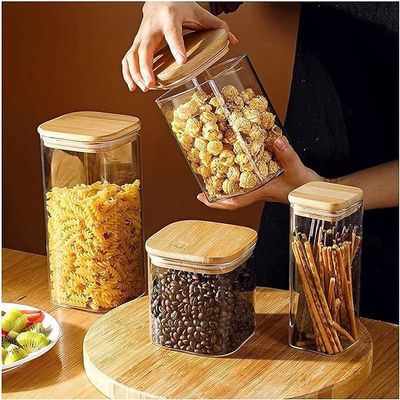 1CHASE Square Glass Storage Jar with Air tight Bamboo Lid 1100 ML (37 OZ) Set of 4, Borosilicate Kitchen Food Storage Container Set for Candy Cookie Rice Sugar Flour Pasta Nuts
