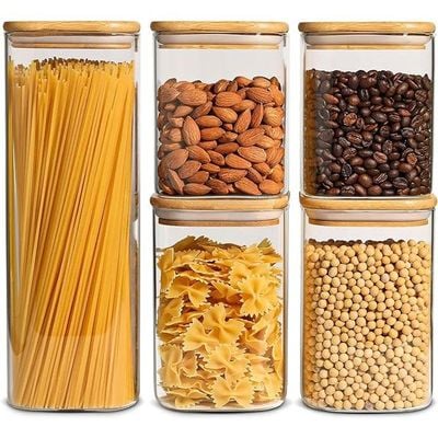 1CHASE Square Food Storage Jar With Airtight Bamboo Lid 74 Oz, 37 Oz, 30 Oz (Set of 5), Stackable Storage Containers for Kitchen and Pantry, Ideal for Coffee, Tea, Cookie, Candy, Nut, Spice, Grains
