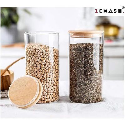 1CHASE Glass Storage Jars with Bamboo Lids 500ML (Set of 4), Air Tight Kitchen Food Cereal Containers for Storage, Canister Set Ideal for Flour, Sugar, Coffee, Candy, Spice Jars Coffee
