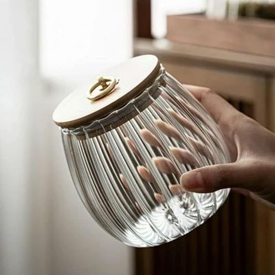 1CHASE Borosilicate Glass Storage Jar With Airtight Bamboo Lid and Metal Handle 700ML (Set Of 4) (Oval), Petal Decorative Container, To Store Tea, Coffee Beans, Candy, Spices, Biscuits (Oval)
