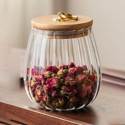 1CHASE Borosilicate Glass Storage Jar With Airtight Bamboo Lid and Metal Handle 700ML (Set Of 4) (Oval), Petal Decorative Container, To Store Tea, Coffee Beans, Candy, Spices, Biscuits (Oval)
