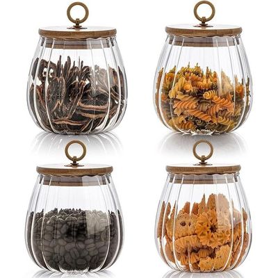 1CHASE Borosilicate Glass Storage Jar With Airtight Bamboo Lid and Metal Handle 700ML (Set Of 4) (Oval), Petal Decorative Container, To Store Tea, Coffee Beans, Candy, Spices, Biscuits (Oval)

