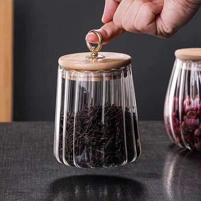 1CHASE Borosilicate Glass Storage Jar With Airtight Bamboo Lid and Metal Handle 700ML (Set Of 4) (Taper), Petal Decorative Container, To Store Tea, Coffee Beans, Candy, Spices, Biscuits (Taper)
