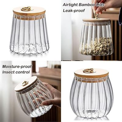 1CHASE Borosilicate Glass Storage Jar With Airtight Bamboo Lid and Metal Handle 700ML (Set Of 4) (Taper), Petal Decorative Container, To Store Tea, Coffee Beans, Candy, Spices, Biscuits (Taper)
