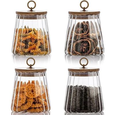 1CHASE Borosilicate Glass Storage Jar With Airtight Bamboo Lid and Metal Handle 700ML (Set Of 4) (Taper), Petal Decorative Container, To Store Tea, Coffee Beans, Candy, Spices, Biscuits (Taper)
