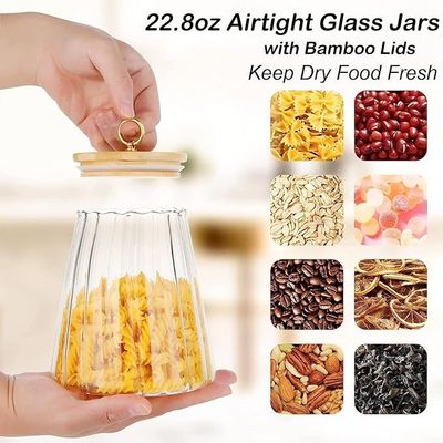 1CHASE Borosilicate Glass Storage Jar With Airtight Bamboo Lid and Metal Handle 700ML (Set Of 4) (Taper), Petal Decorative Container, To Store Tea, Coffee Beans, Candy, Spices, Biscuits (Taper)
