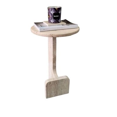 Round Beige Travertine End/Side Table 30Cm Dia