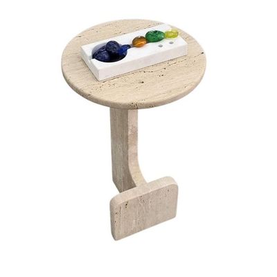 Round Beige Travertine End/Side Table 30Cm Dia