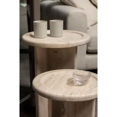 Round Beige Travertine End/Side Table 36Cm Dia