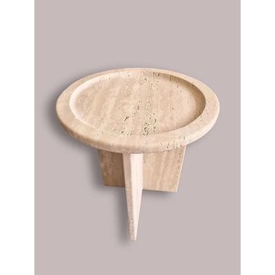 Round Beige Travertine End/Side Table 36Cm Dia