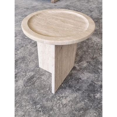 Round Beige Travertine End/Side Table 36Cm Dia