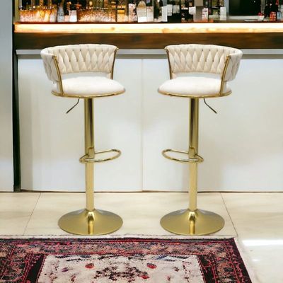 Premium White Pu Leather Bar Stools, Adjustable Counter Height Swivel Barstools with Low Back with footrest, and Swivel 360 with Premium Gold Base for Kitchen, Island, Pub, Dining Room, Bar, Cafe, Set of 2 pieces