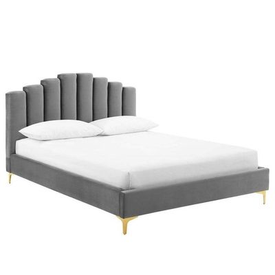 Wooden Twist Olivia Velvet Upholstery Rectangular Bed Modern Luxury Bed Frame with Stylish Design (Queen, Grey)