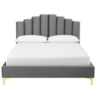 Wooden Twist Olivia Velvet Upholstery Rectangular Bed Modern Luxury Bed Frame with Stylish Design (Queen, Grey)