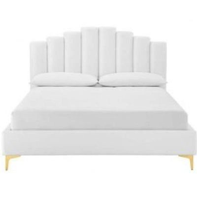 Wooden Twist Olivia Velvet Upholstery Rectangular Bed Modern Luxury Bed Frame with Stylish Design (Queen, White)