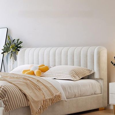 Wooden Twist Buoyant Floating Wingback Velvet Upholstery Luxury Bed for Bedroom ( Off-White )