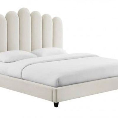 Wooden Twist Keline Velvet Upholstery Rectangular Bed ( Cream )