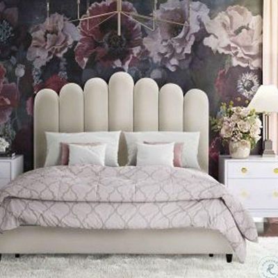 Wooden Twist Keline Velvet Upholstery Rectangular Bed ( Cream )