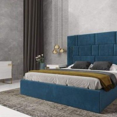 Wooden Twist Odrest Adonis Velvet Upholstery Rectangular Bed ( Blue )