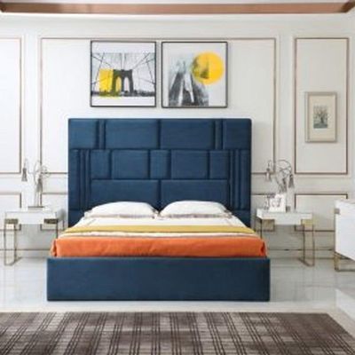 Wooden Twist Odrest Adonis Velvet Upholstery Rectangular Bed ( Blue )