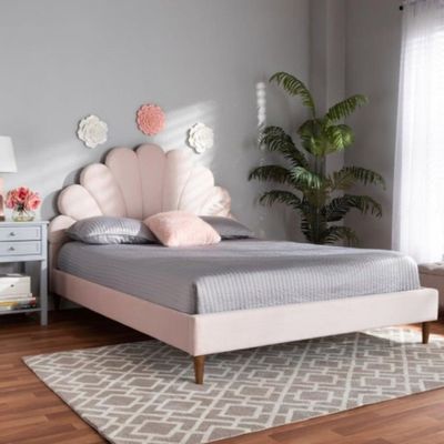 Wooden Twist Dazzling Modern Glam Velvet Upholstery Rectangular Bed ( Light Pink )