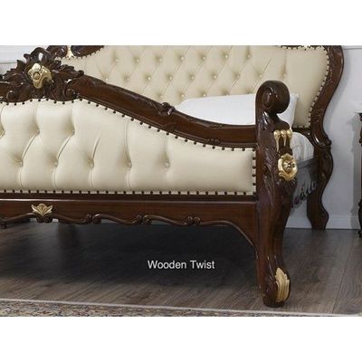 Teak Wood Queen Size Bed Hand Carved With Cushioned Design