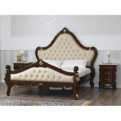 Teak Wood Queen Size Bed Hand Carved With Cushioned Design