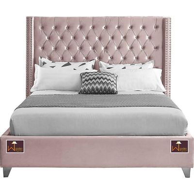 Upholstered Panel Bed Frame with Diamond Tufted and Nailhead Trim Wingback Headboard, Queen Size