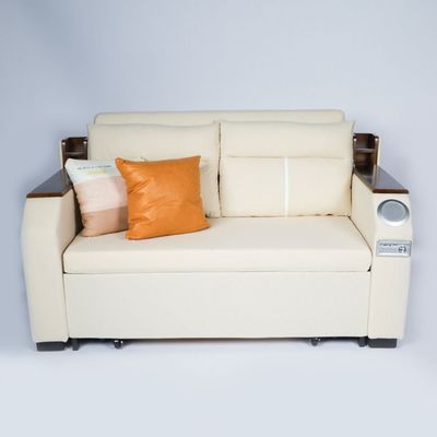 Extendable 2 in 1 Sofa Bed with Side Pockets,  Bottom and Side Storage, USB Ports, Bluetooth and Speaker+ 130 cm Outside+ Off White