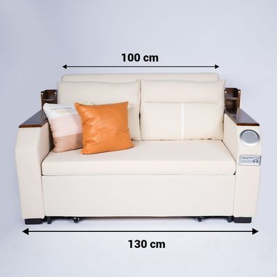 Extendable 2 in 1 Sofa Bed with Side Pockets,  Bottom and Side Storage, USB Ports, Bluetooth and Speaker+ 130 cm Outside+ Off White