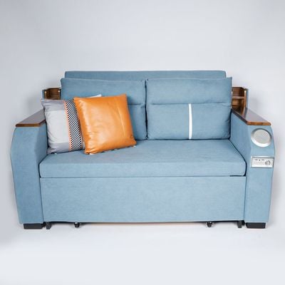 Extendable 2 in 1 Sofa Bed with Side Pockets,  Bottom and Side Storage, USB Ports, Bluetooth and Speaker+ 130 cm Outside + Blue