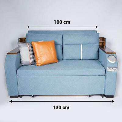 Extendable 2 in 1 Sofa Bed with Side Pockets,  Bottom and Side Storage, USB Ports, Bluetooth and Speaker+ 130 cm Outside + Blue