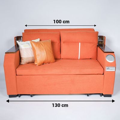 Extendable 2 in 1 Sofa Bed with Side Pockets,  Bottom and Side Storage, USB Ports, Bluetooth and Speaker+ 130 cm Outside + Orange