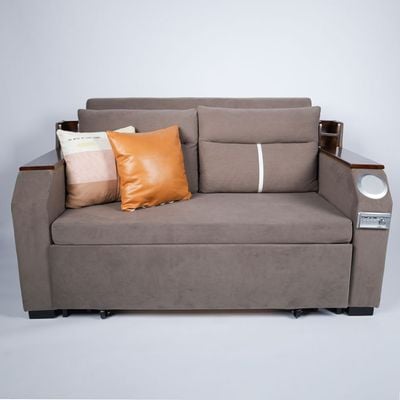 Extendable 2 in 1 Sofa Bed with Side Pockets,  Bottom and Side Storage, USB Ports, Bluetooth and Speaker- 130 cm Outside - Brown